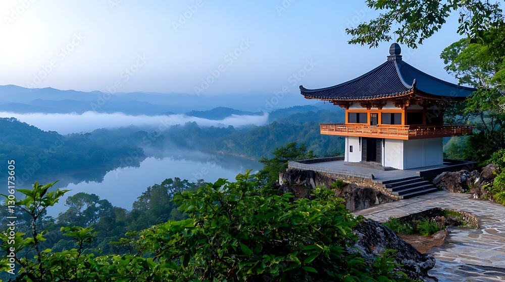 Tranquil Mountaintop Monastery with Misty Valley View Tranquil Mountaintop Monastery with Misty Valley View