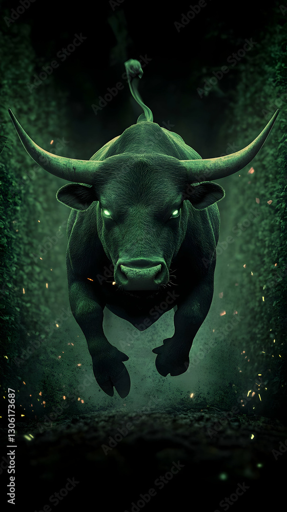 Naklejka premium Pixelated Green Bull Running In Dark Forest Digital Art Illustration