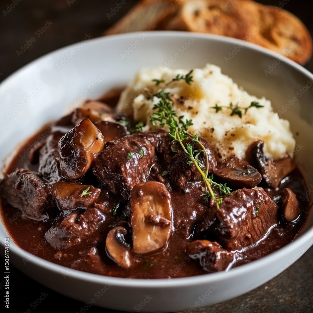 A rich and flavorful beef bourguignon with tender beef, mushrooms, and red wine sauce A rich and flavorful beef bourguignon with tender beef, mushrooms, and red wine sauce
