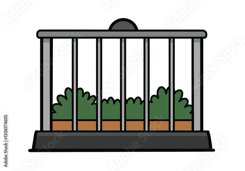 Zoo cage clipart. The image shows a zoo cage with green bushes inside. Vector illustration design.