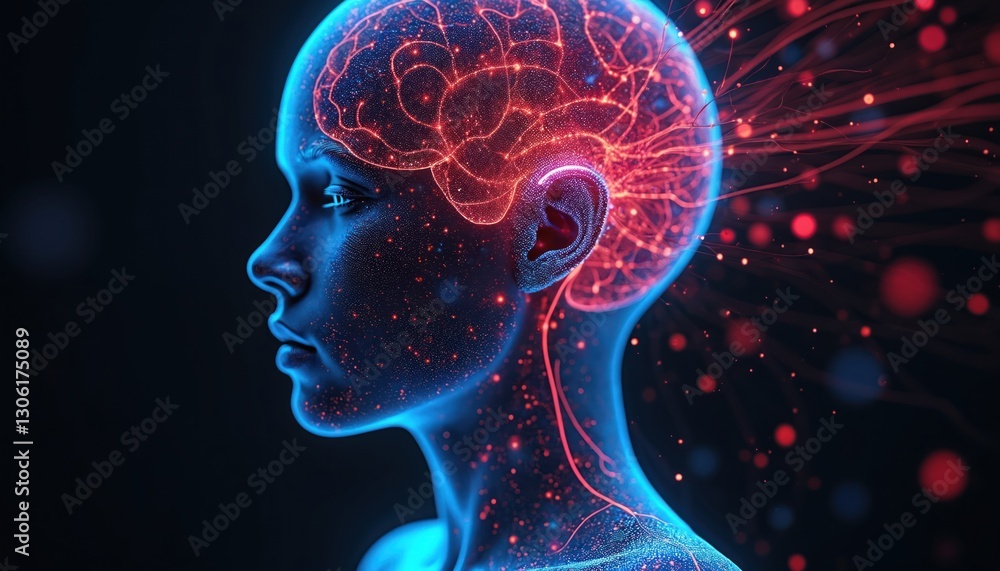 Obraz premium Head silhouette with glowing neural network, brain activity. Mindset, consciousness concept, artificial intelligence. Digital human, futuristic tech visualization. Brainwaves scan, mind uploading,
