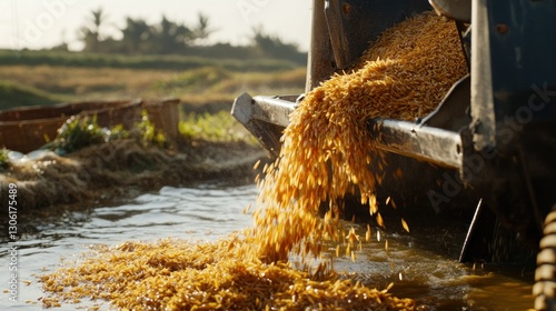 Wallpaper Mural Rice harvesting Paddy field, water, grains pouring, rural scene, agricultural work Torontodigital.ca