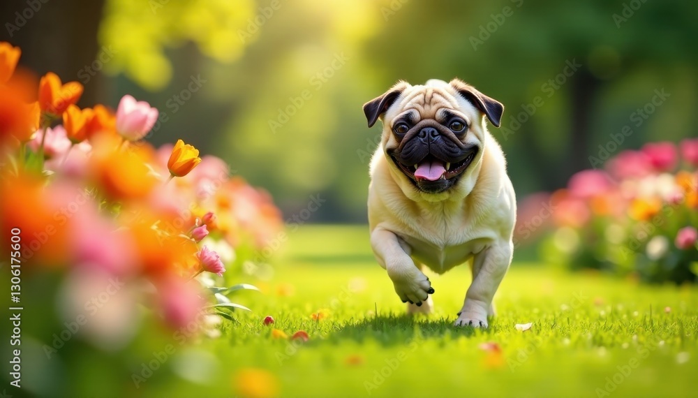 Obraz premium Pug frolics in vibrant flower garden, sunlit park , sunshine, vibrant