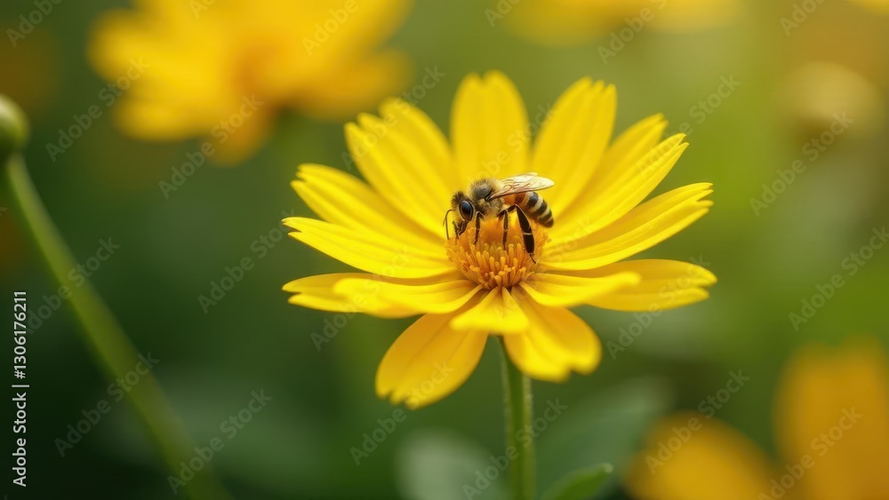A Honeybee Gathers Nectar from a Vibrant Yellow Wildflower in a Serene Meadow A Honeybee Gathers Nectar from a Vibrant Yellow Wildflower in a Serene Meadow