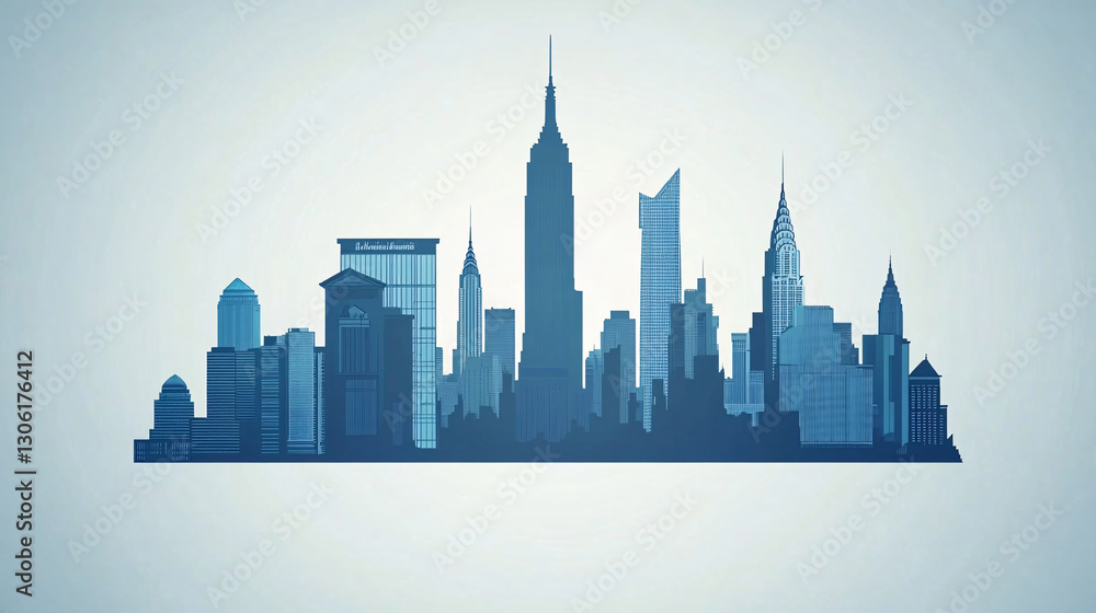 Fototapeta premium A stylized blue skyline silhouette featuring iconic skyscrapers, embodying an urban landscape and modern architecture.