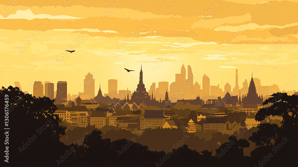 Naklejka premium A vibrant sunset silhouette of a city skyline featuring traditional architecture against a golden sky.