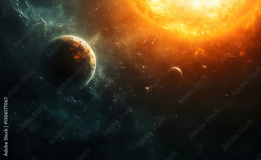 Obraz premium A mesmerizing cosmic ballet featuring planets, a radiant sun, and swirling nebula