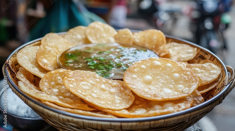 Crispy Fried Snacks Served with Flavorful Soup in a Bamboo Basket Crispy Fried Snacks Served with Flavorful Soup in a Bamboo Basket