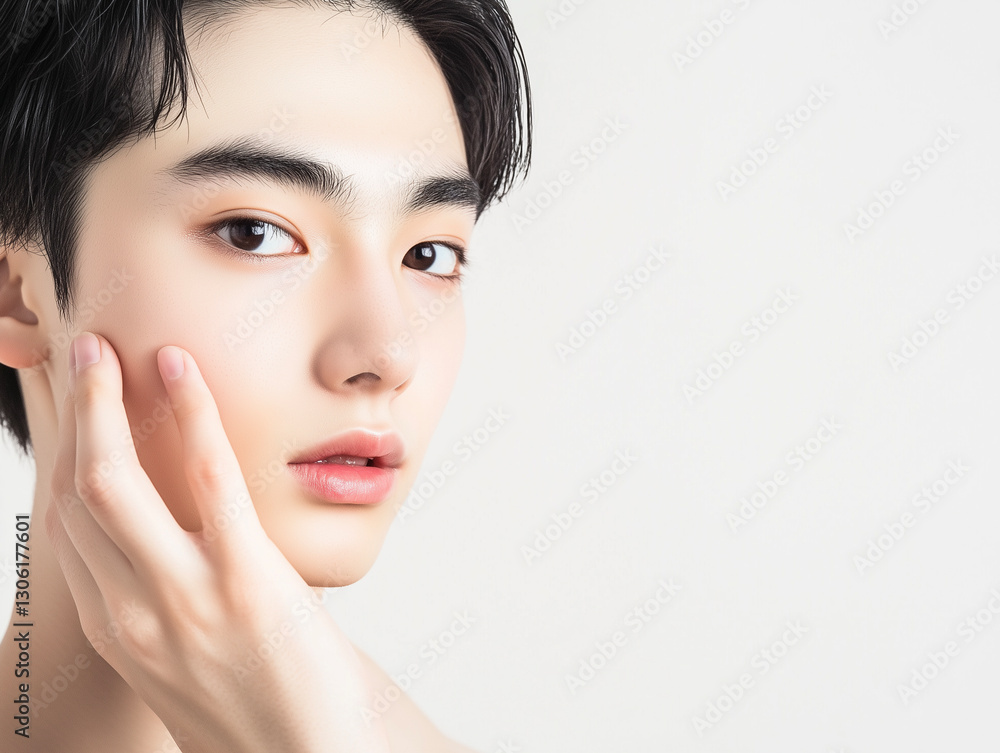 頬に手を当てる若い日本人の男の子のバストアップのポートレート 頬に手を当てる若い日本人の男の子のバストアップのポートレート