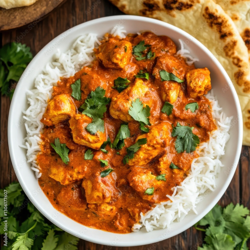 A savory and flavorful chicken tikka masala with tender pieces of chicken in a spiced tomato sauce, served over basmati rice, in a white bowl A savory and flavorful chicken tikka masala with tender pieces of chicken in a spiced tomato sauce, served over basmati rice, in a white bowl