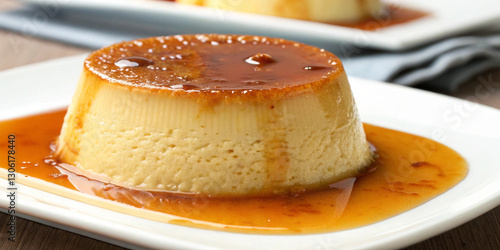 Close-up of juicy pudding and caramel.