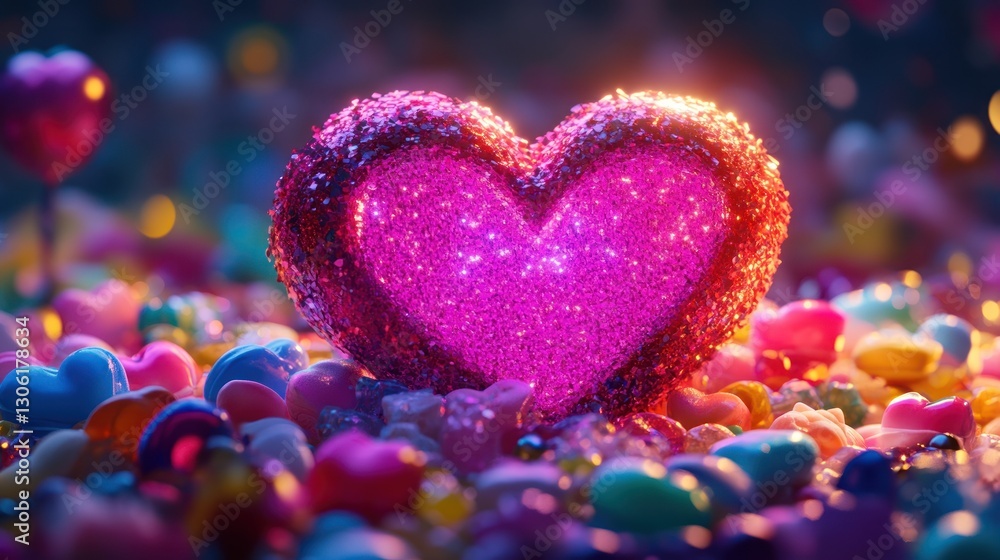Obraz premium Glowing heart amidst colorful candy, bokeh background, Valentine's Day card