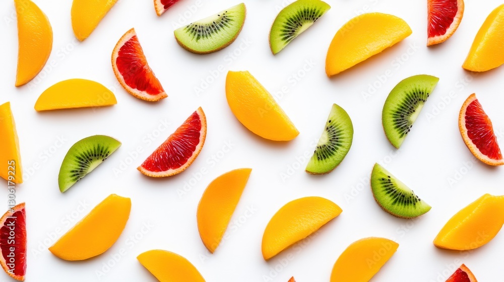 Colorful fruit slices pattern on white background, flat lay, food photography, healthy recipe Colorful fruit slices pattern on white background, flat lay, food photography, healthy recipe