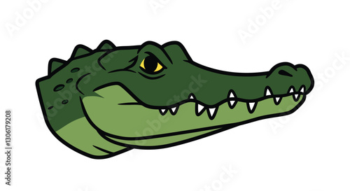 Gator head clip art. Green alligator head with yellow eye and sharp teeth. Vector illustration design.