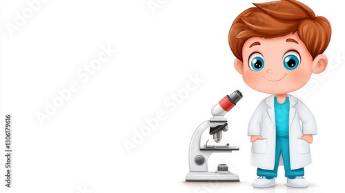 Cute boy in lab coat with microscope, aspiring scientist, showcasing curiosity and discovery in educational setting