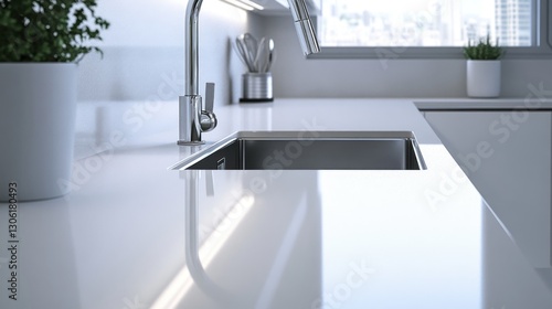 Modern kitchen sink, countertop, city view, sleek design, home decor