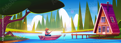 Forest cartoon landscape with fisherman catching fish on blue lake beside log cabin. Bearded man sitting in boat, cozy wooden house with pier, green trees and grass surrounding water of river.