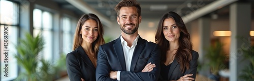 Wallpaper Mural Portrait of staffing agency team in office. Business people smile, look at camera. Man, two women wear suits. Confident workers, recruitment service, human resources experts, company staff, Torontodigital.ca