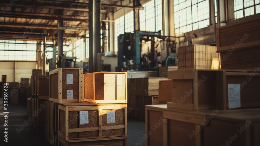 Naklejka premium Factory Sunlight Wooden Crate Warehouse Storage Shipping