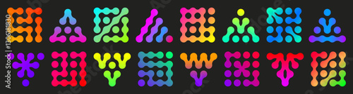 Metaball gradient neon shapes on dark background - vibrant glowing symbols with smooth blending transitions and fluid forms. Dynamic abstract elements for modern and futuristic interface design.