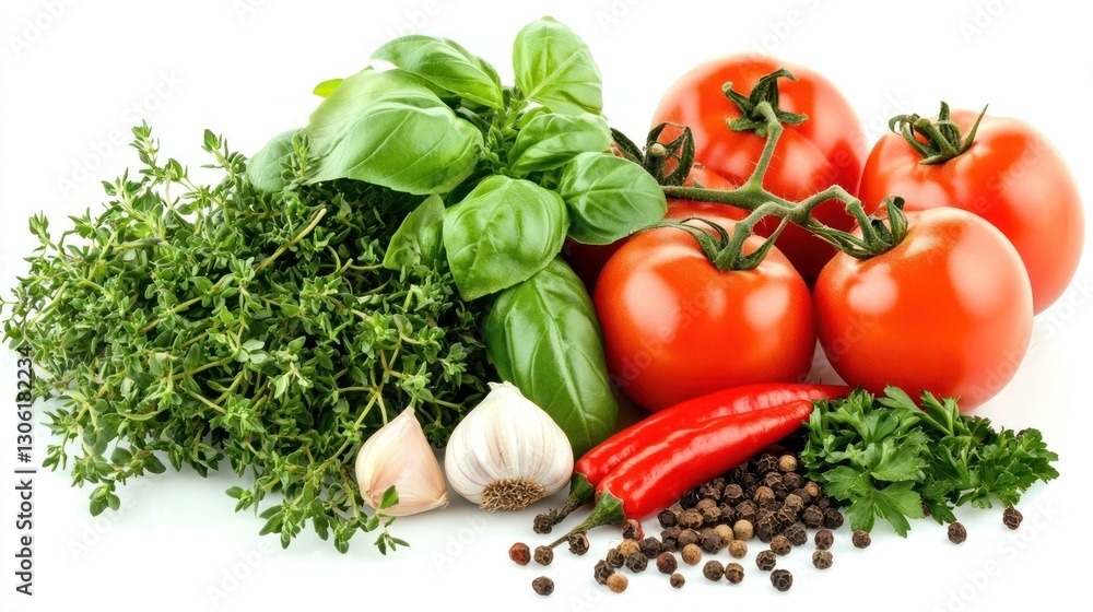 Fresh herbs, tomatoes, garlic, chili, peppercorns; white background; cooking recipe Fresh herbs, tomatoes, garlic, chili, peppercorns; white background; cooking recipe