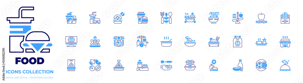 Food icon collection. Bold line style. Duotone colors. conveyor belt, tom yum, soup, tajine, food cart , food package, food stall, hot food, food , nuts Food icon collection. Bold line style. Duotone colors. conveyor belt, tom yum, soup, tajine, food cart , food package, food stall, hot food, food , nuts