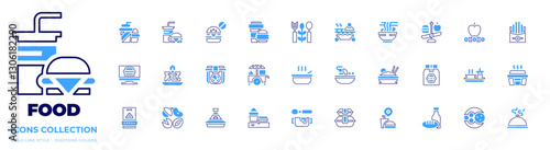 Food icon collection. Bold line style. Duotone colors. conveyor belt, tom yum, soup, tajine, food cart , food package, food stall, hot food, food , nuts