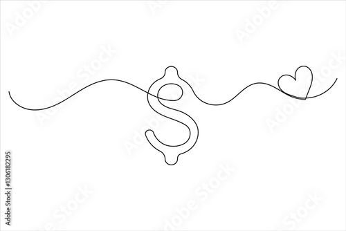 Dollar sign icon one line drawing and isolated continuous outline vector illustration