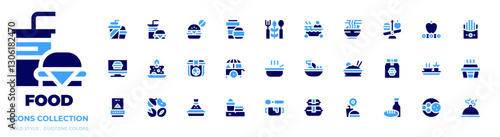 Food icon collection. Bold style. Duotone colors. conveyor belt, tom yum, soup, tajine, food cart , food package, food stall, hot food, food , nuts