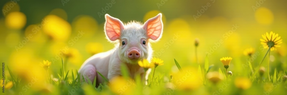 Tiny piglet nestled in bright yellow wildflowers, sunny day, happy, rural Tiny piglet nestled in bright yellow wildflowers, sunny day, happy, rural