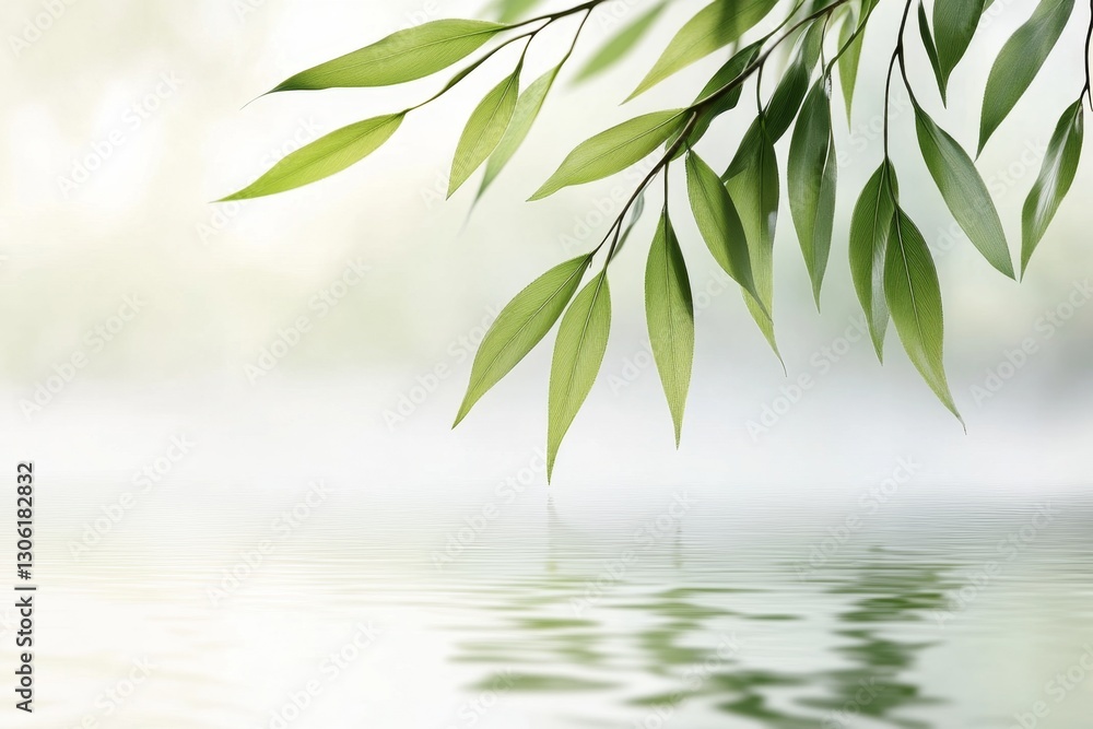 Obraz premium A clean geometric representation of a willow tree reflecting in water, with simplified shapes and subtle contrasts of green and blue