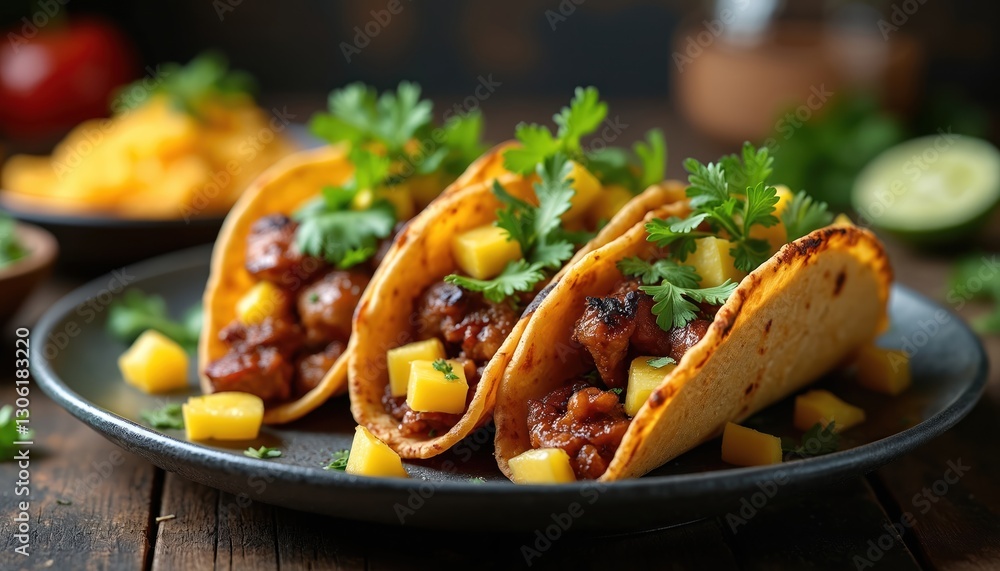 Close-up of Taco Al Pastor with marinated pork, pineapple, fresh cilantro. Grilled meat, mango, sauce in corn tortillas. Traditional Mexican cuisine served on black plate, wooden table. Close-up of Taco Al Pastor with marinated pork, pineapple, fresh cilantro. Grilled meat, mango, sauce in corn tortillas. Traditional Mexican cuisine served on black plate, wooden table.