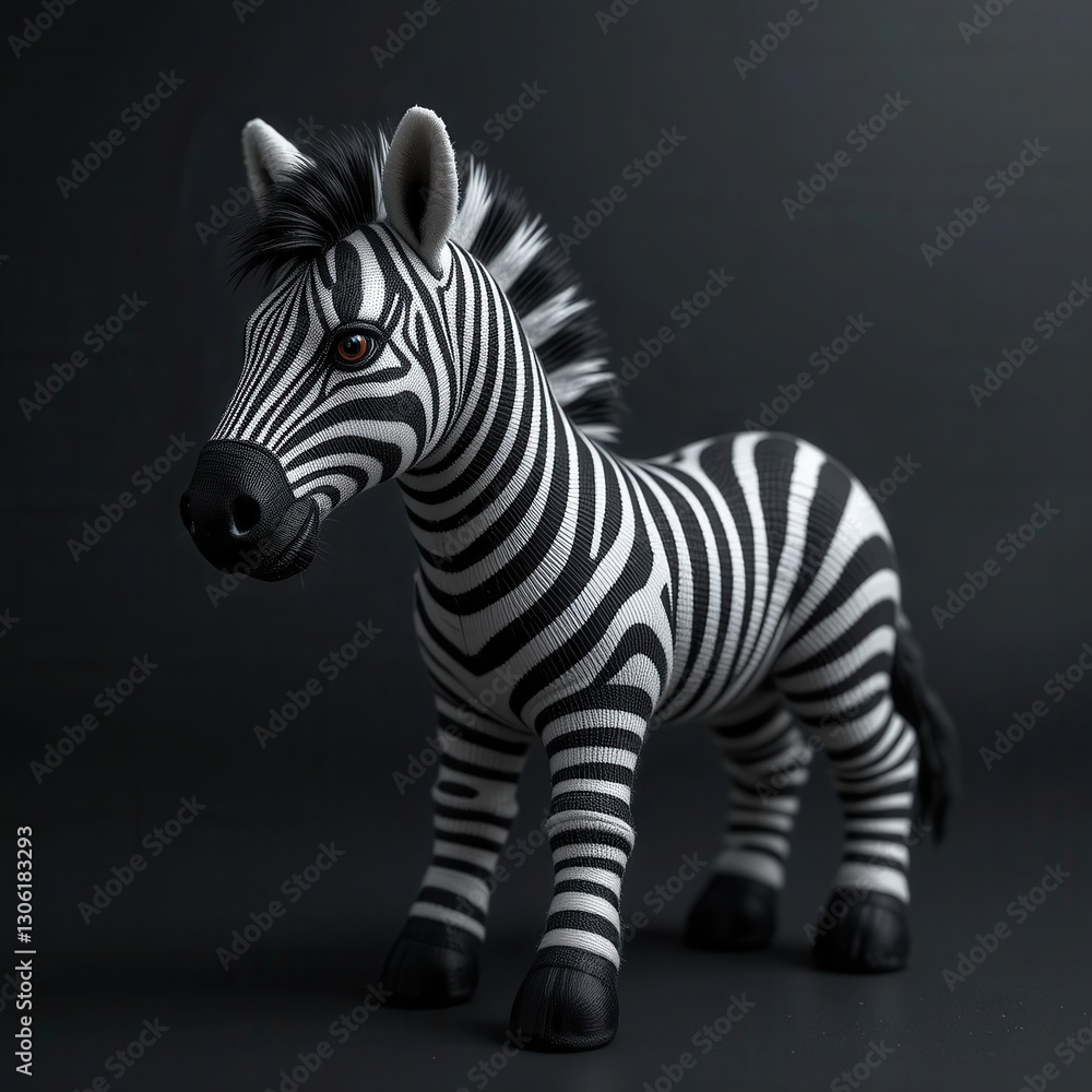 Fototapeta premium Adorable Baby Zebra Toy Plush Animal Standing Dark Background
