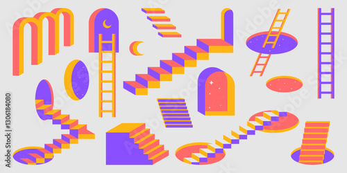 Retro ladder and stairway with windows designs in bright coral, purple and yellow colors. Geometric portals with abstract steps creating surreal isometric patterns for modern nostalgic illustrations.