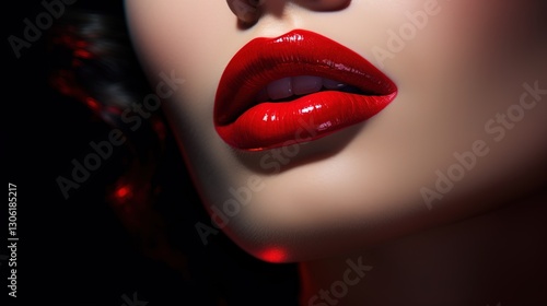 A luxurious close-up of glossy red lips, rich texture, and high-contrast lighting, sensual and elegant