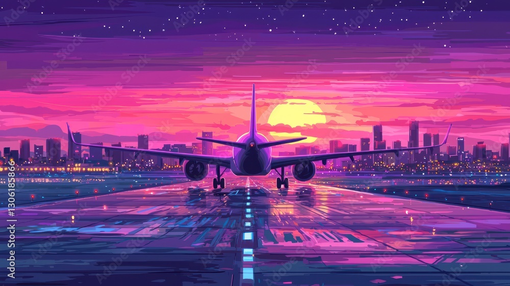 Fototapeta premium An airplane is taking off on a runway at sunset in the city