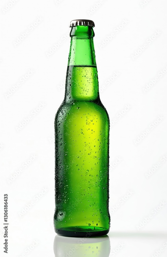Icy green beer bottle isolated on white background. Full transparent lager drink with cap. Refreshment beverage served cold with condensation water droplets. No people. Studio shot. Icy green beer bottle isolated on white background. Full transparent lager drink with cap. Refreshment beverage served cold with condensation water droplets. No people. Studio shot.