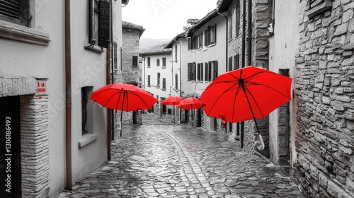 Red Umbrellas in a Quaint Cobblestone Street of an Italian Village