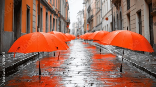 Colorful orange umbrellas lining a rainy city street after a storm