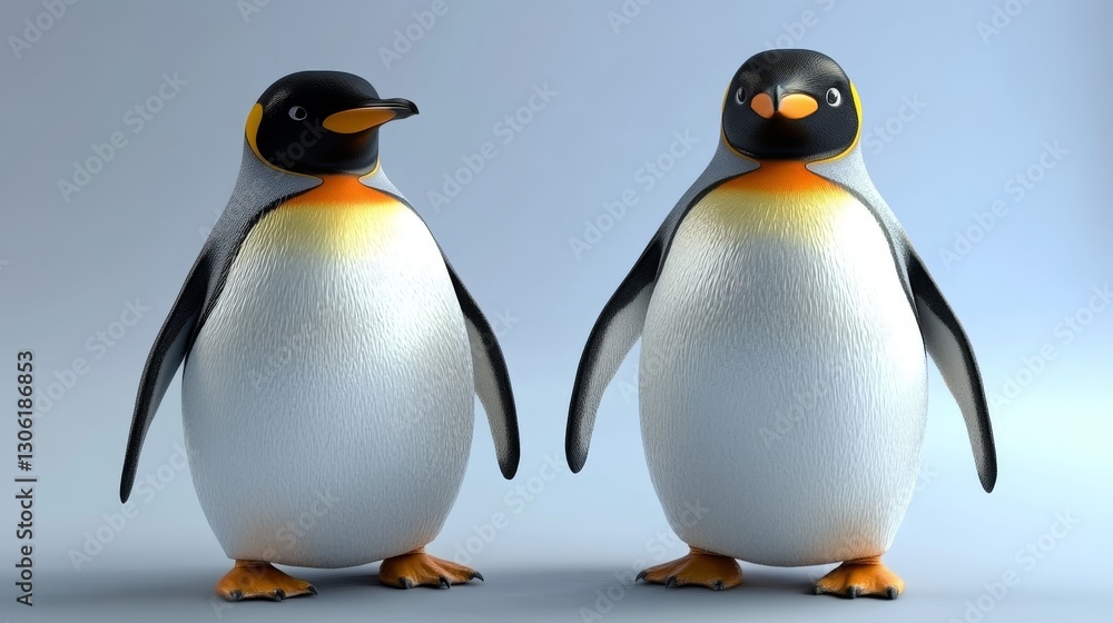 Fototapeta premium A studio photograph of two penguins, featuring a light blue backdrop, showcasing their cuteness in an animal illustration
