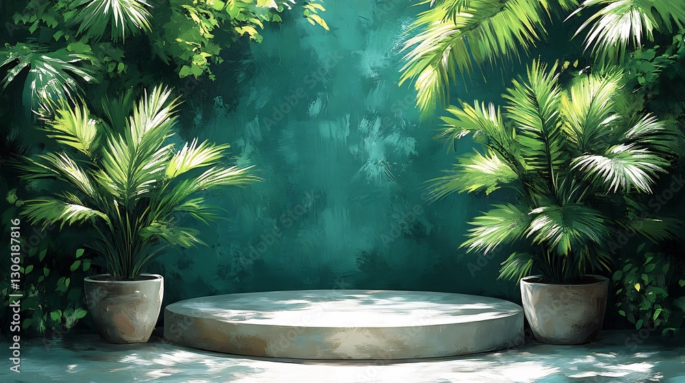 Lush green foliage frames a serene circular platform bathed in soft light. AI Generated Lush green foliage frames a serene circular platform bathed in soft light. AI Generated