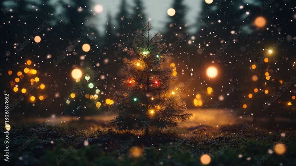Snowy forest, Christmas tree lights, winter wonderland, holiday card Snowy forest, Christmas tree lights, winter wonderland, holiday card