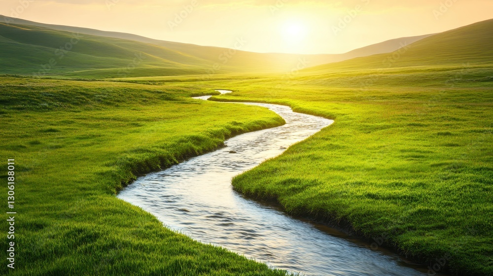 Serene Sunrise Over Winding River in Lush Green Landscape Serene Sunrise Over Winding River in Lush Green Landscape