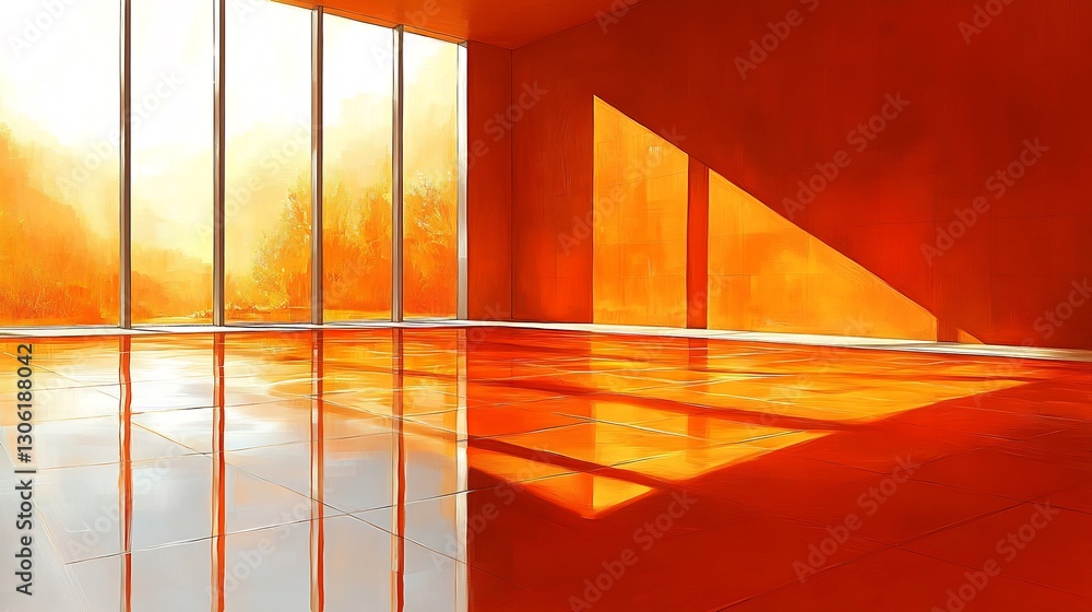 Obraz premium Warm sunlight streams into modern orange room reflecting brightly on polished floor. AI Generated