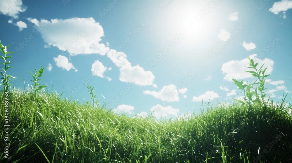 Fototapeta premium Sunny meadow landscape, grass blowing gently, blue sky, clouds, nature background, website banner