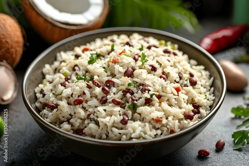 Authentic dominican moro de guandules dish in rustic bowl close up shot