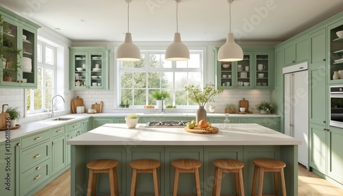 Modern farmhouse kitchen interior design with island, stools. Green, white cabinets, wooden countertop. Contemporary dining room in house with brass kitchen utensile, table, cupboard, window,