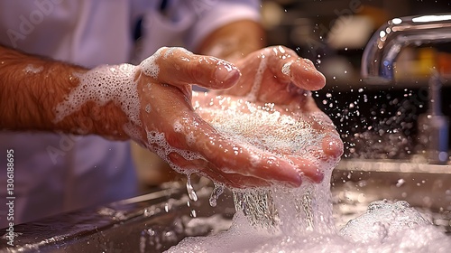 Doctor washing hands in surgical scrub room medical setting hygiene focus clean environment close-up view infection control concept