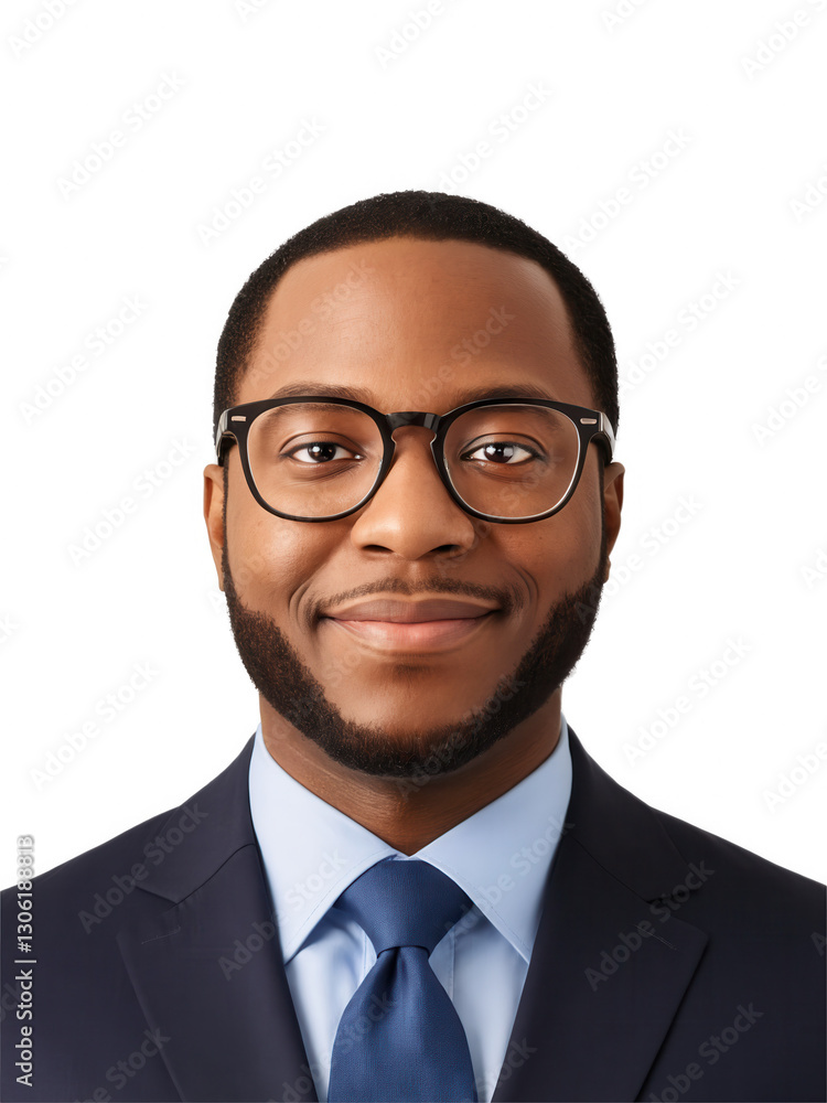 Close-up of African-American man with glasses, friendly gaze, neutral lighting, transparent background. Close-up of African-American man with glasses, friendly gaze, neutral lighting, transparent background.