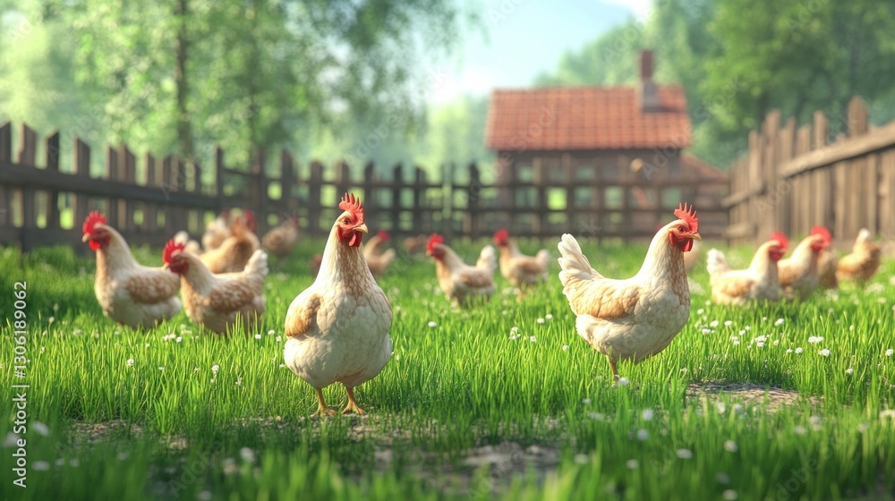 Fototapeta premium Hens grazing idyllic farm pasture, rural background, springtime